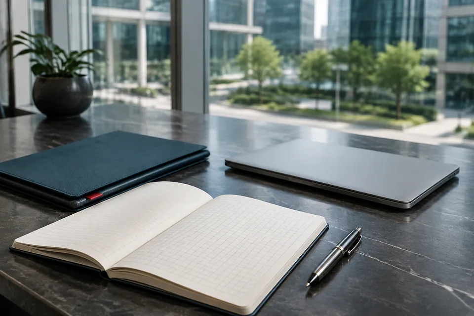 Business-development illustration with a planning notebook, folder and desk in daylight, with modern commercial buildings in the background